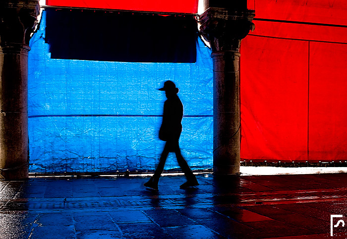 Walking in red and blue